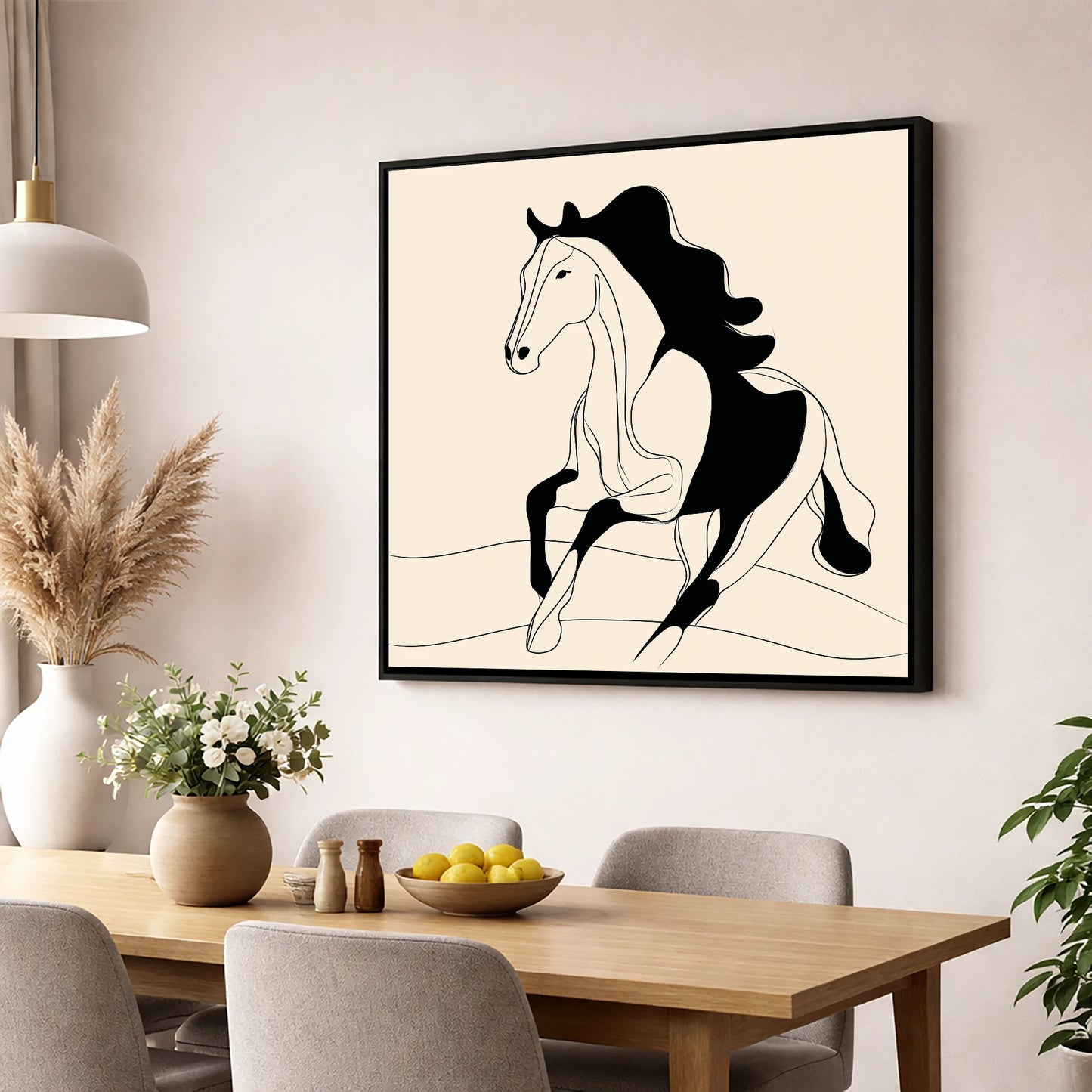 Dynamic Ink Silhouette horse portrait wall art displayed in a dining room