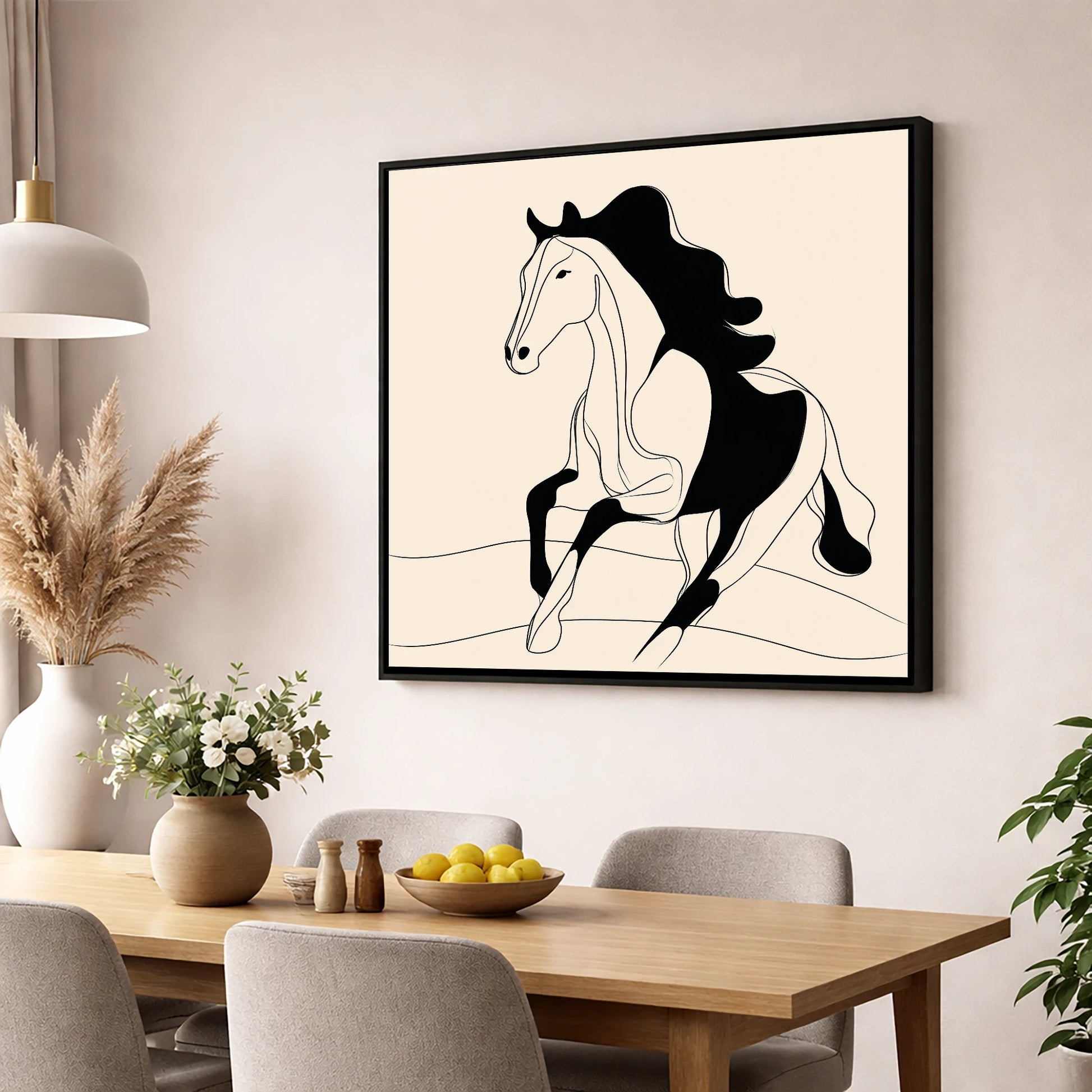 Dynamic Ink Silhouette horse portrait wall art displayed in a dining room