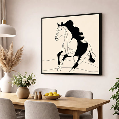 Dynamic Ink Silhouette horse portrait wall art displayed in a dining room