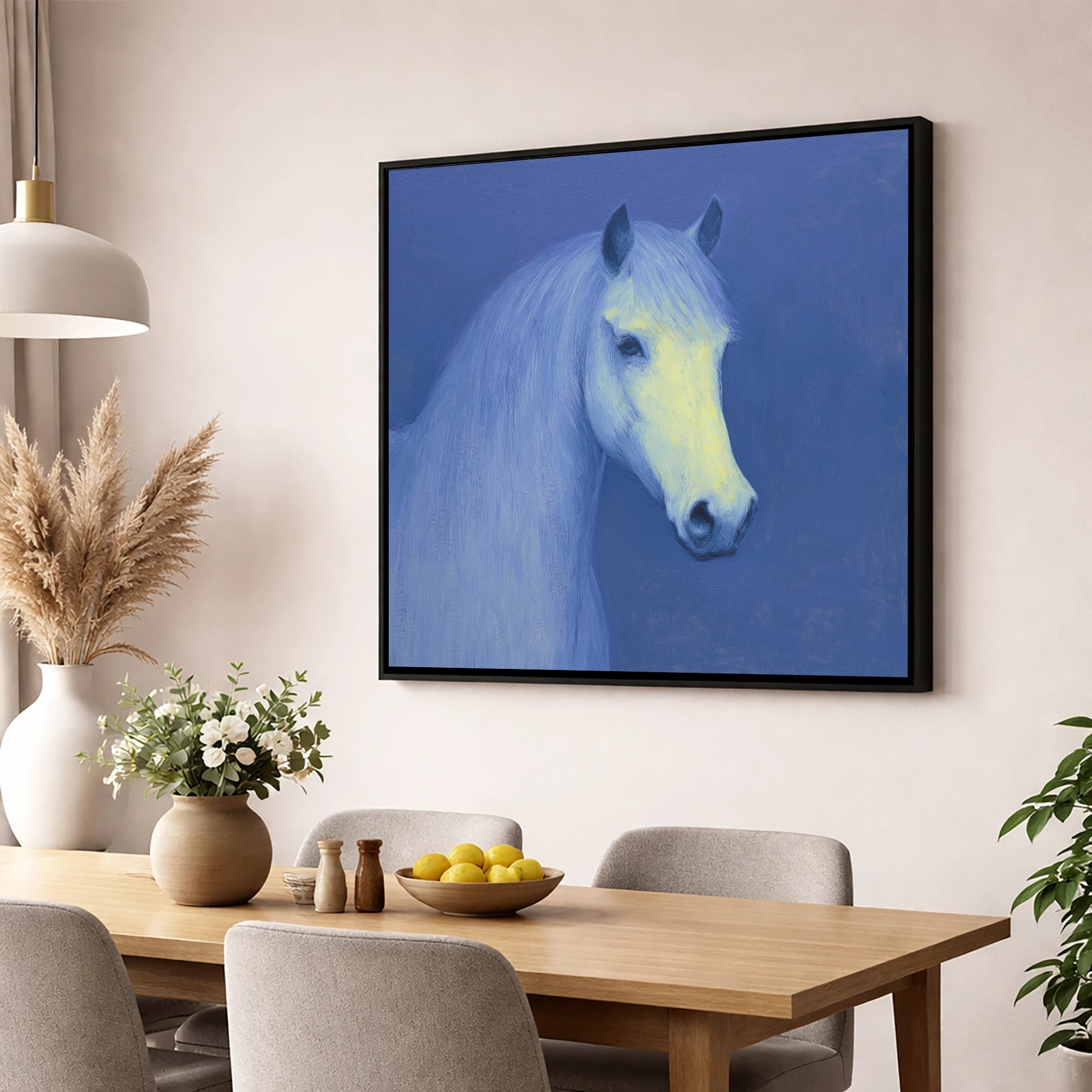 Luminous Blue Portrait horse portrait wall art displayed in a dining room
