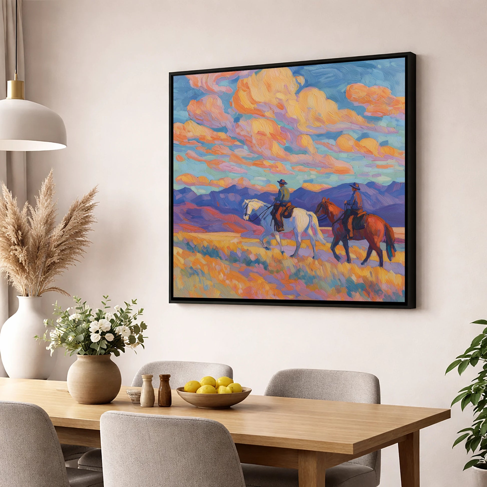 Painted Horizon Riders horse landscape wall art displayed in a dining room