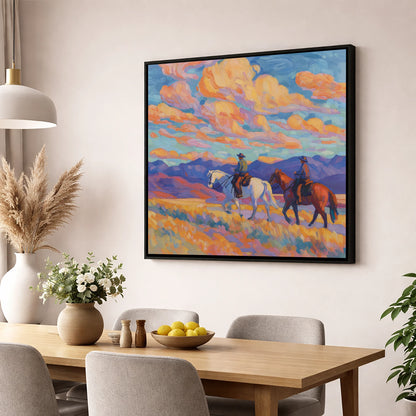 Painted Horizon Riders horse landscape wall art displayed in a dining room