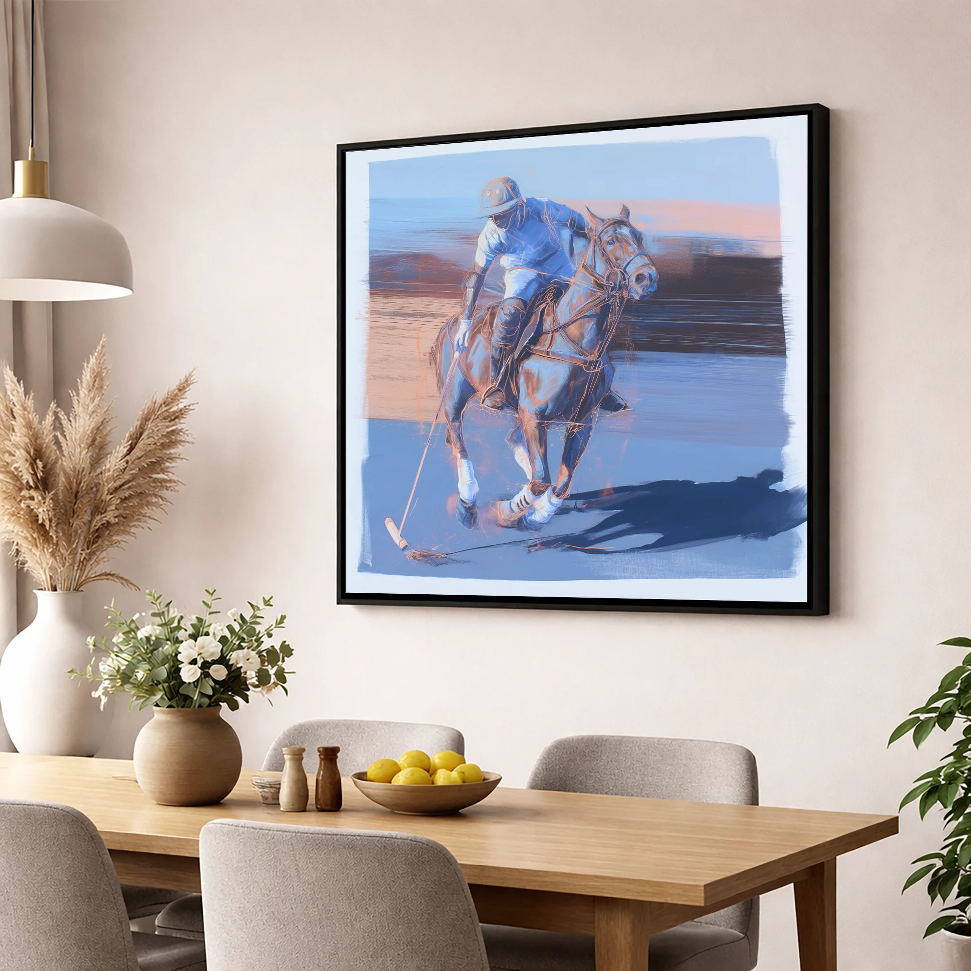 The Cobalt Chukka polo horse wall art displayed in a dining room