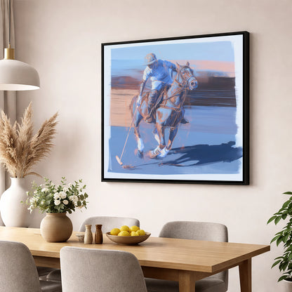 The Cobalt Chukka polo horse wall art displayed in a dining room