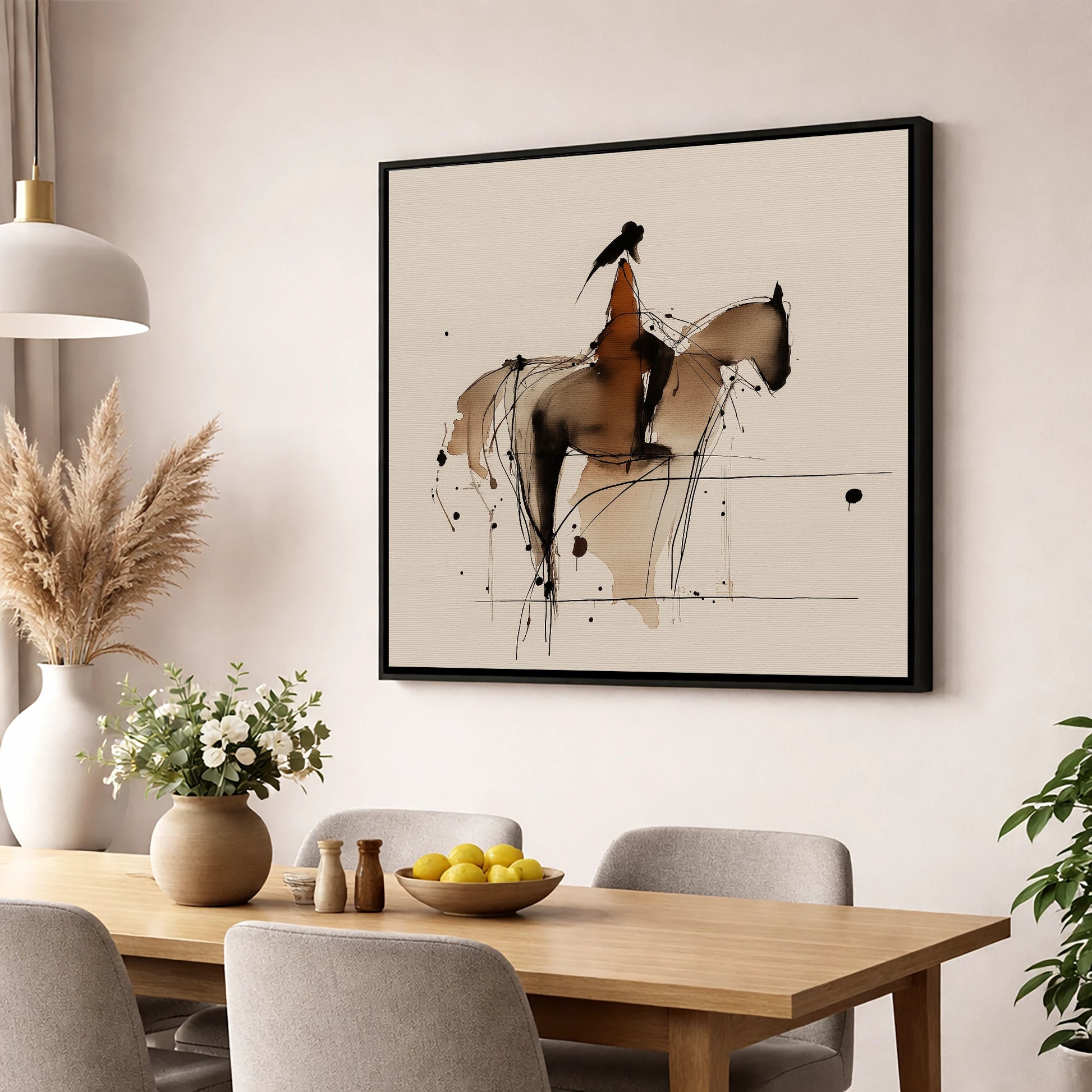 The Silent Connection horse & rider wall art displayed in a dining room