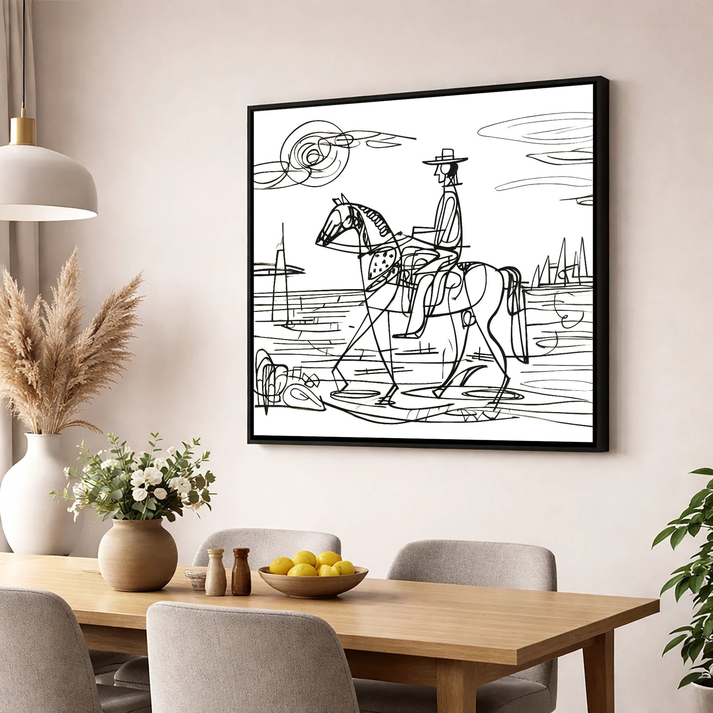 Abstract Coastal Ride beach horse wall art displayed in a dining room