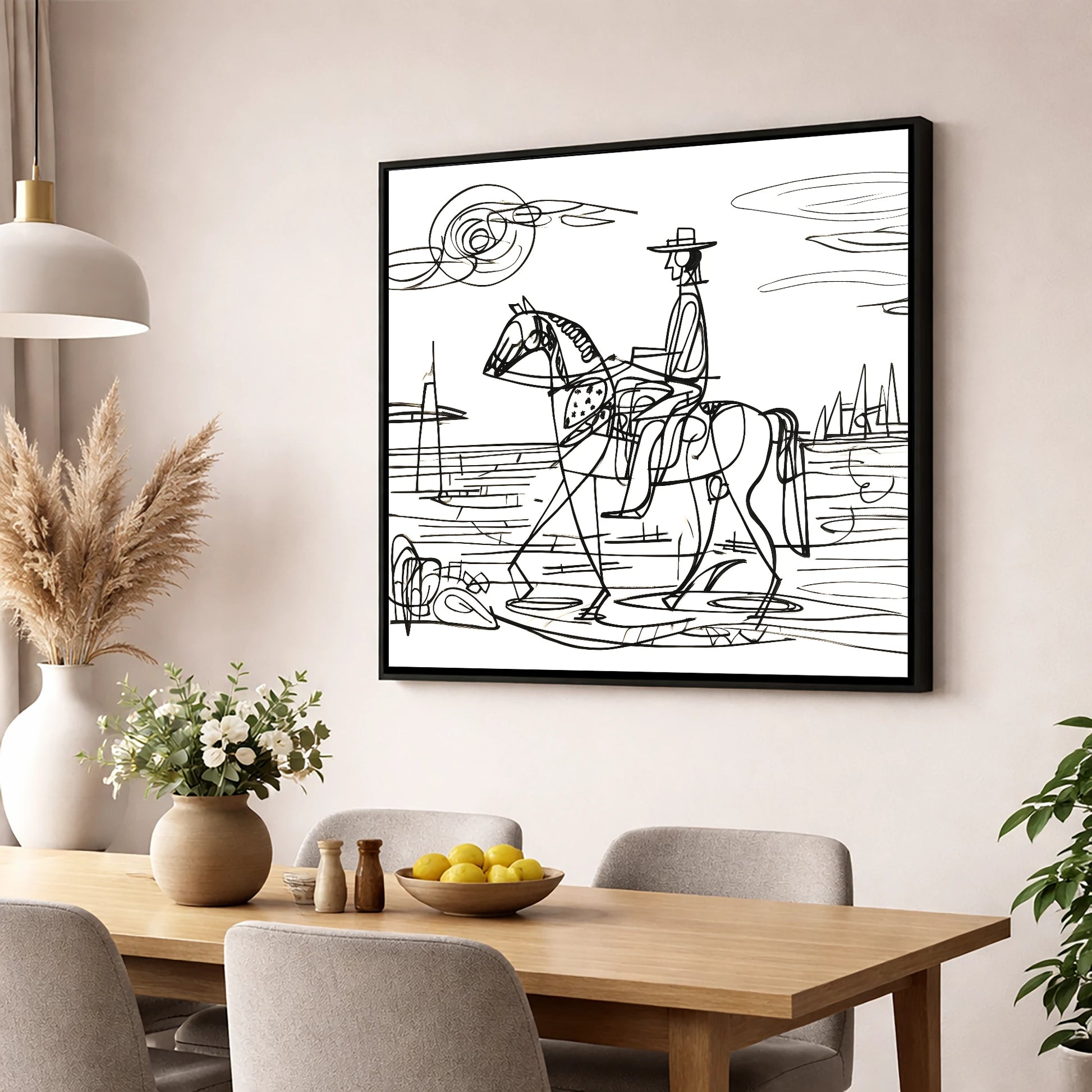 Abstract Coastal Ride beach horse wall art displayed in a dining room