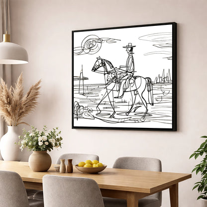Abstract Coastal Ride beach horse wall art displayed in a dining room