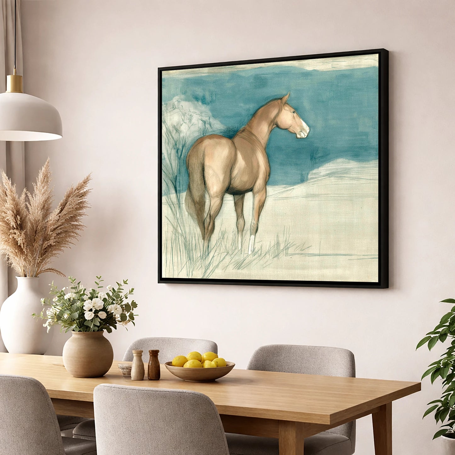 The Quiet Glance horse portrait wall art displayed in a dining room