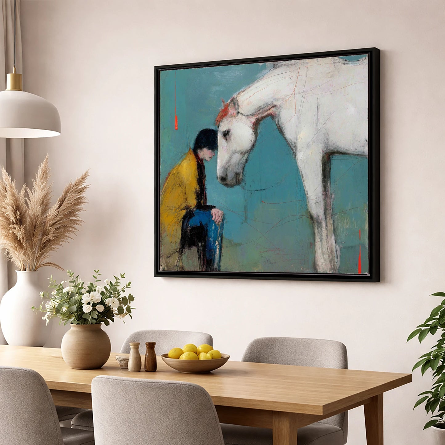 The Quiet Connection horse & rider wall art displayed in a dining room