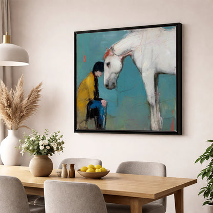 The Quiet Connection horse & rider wall art displayed in a dining room