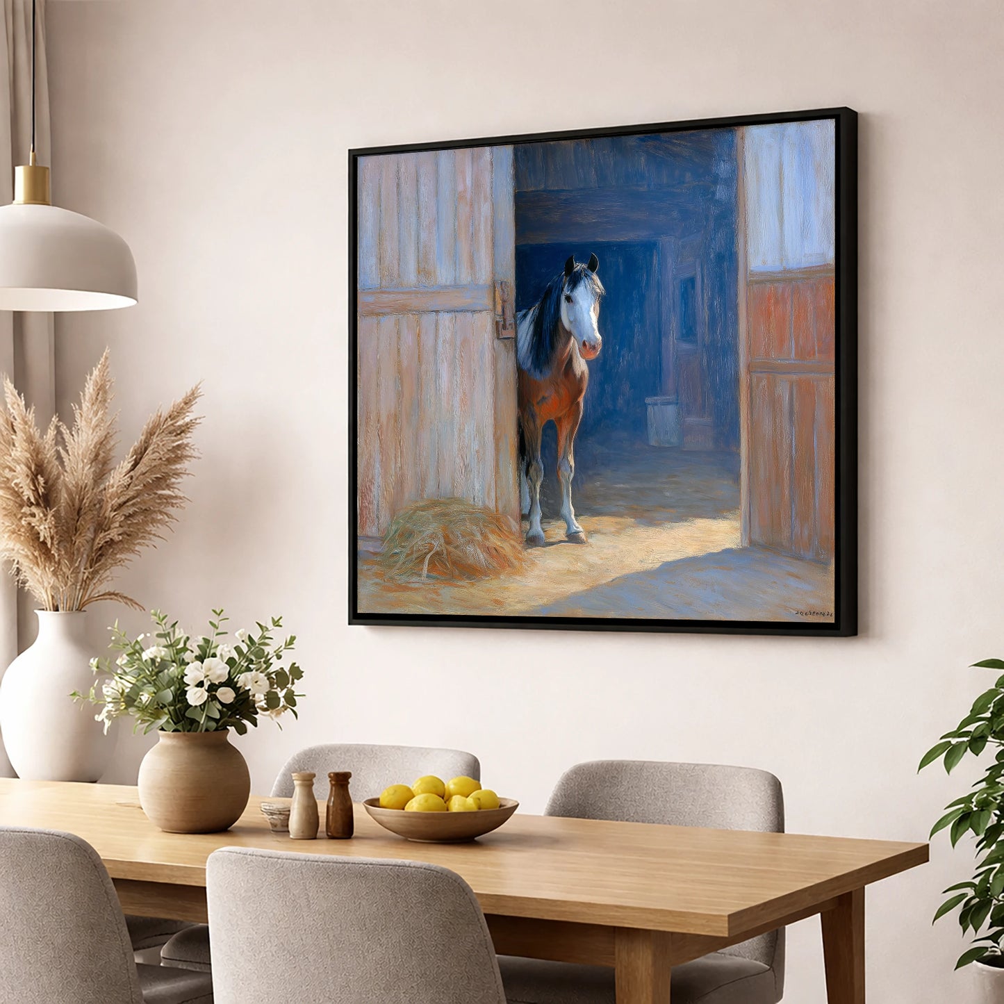 Sunlit Barn Doorway horse stable wall art displayed in a dining room