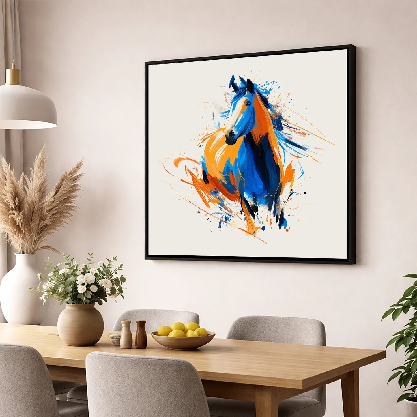 Cobalt and Amber Spirit horse portrait wall art displayed in a dining room