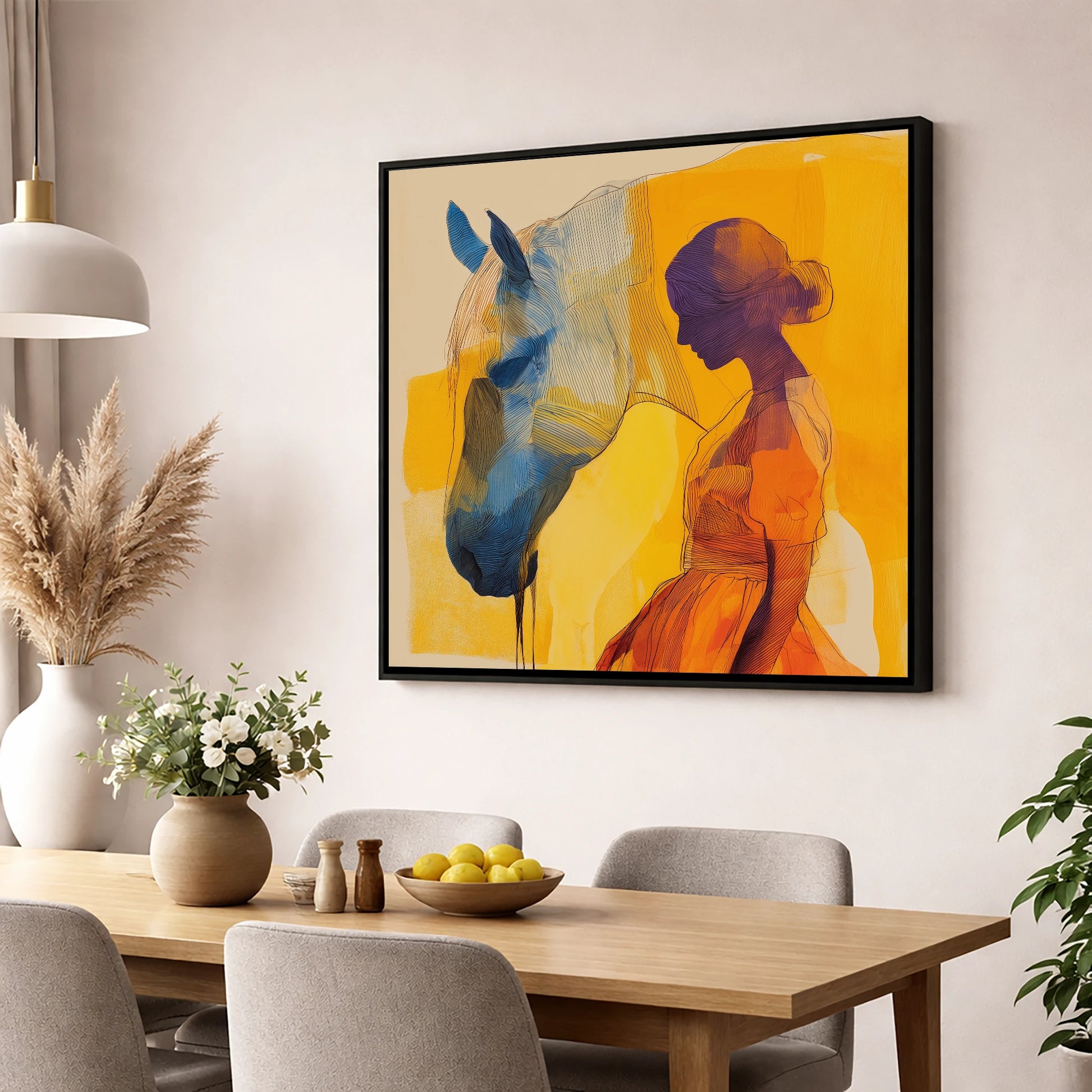 Amber Reverie horse & rider wall art displayed in a dining room