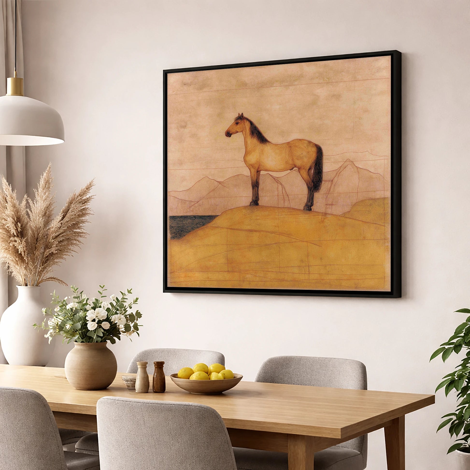 Golden Ridge Study horse landscape wall art displayed in a dining room