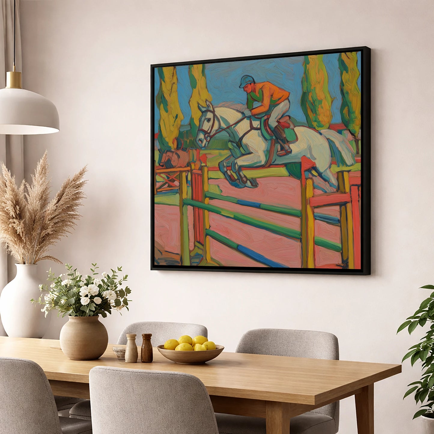 Vibrant Ascent show jumping horse wall art displayed in a dining room