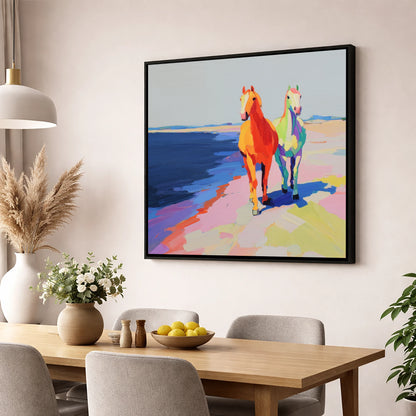 Vibrant Coastal Companions horse landscape wall art displayed in a dining room