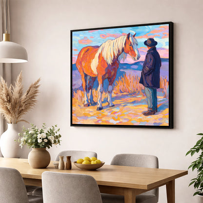 Golden Hour Harmony horse & rider wall art displayed in a dining room