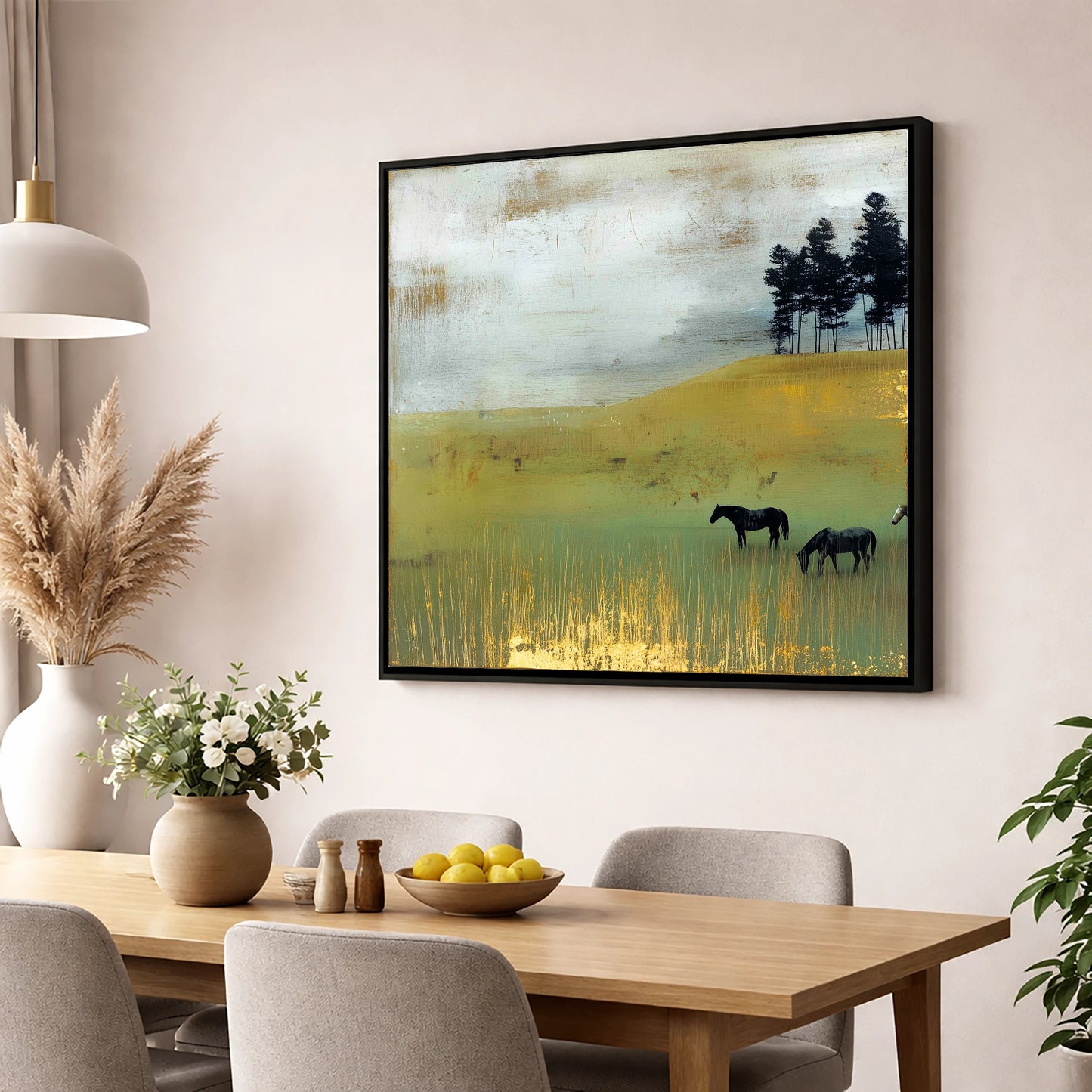 Gilded Grazing wild horses wall art displayed in a dining room