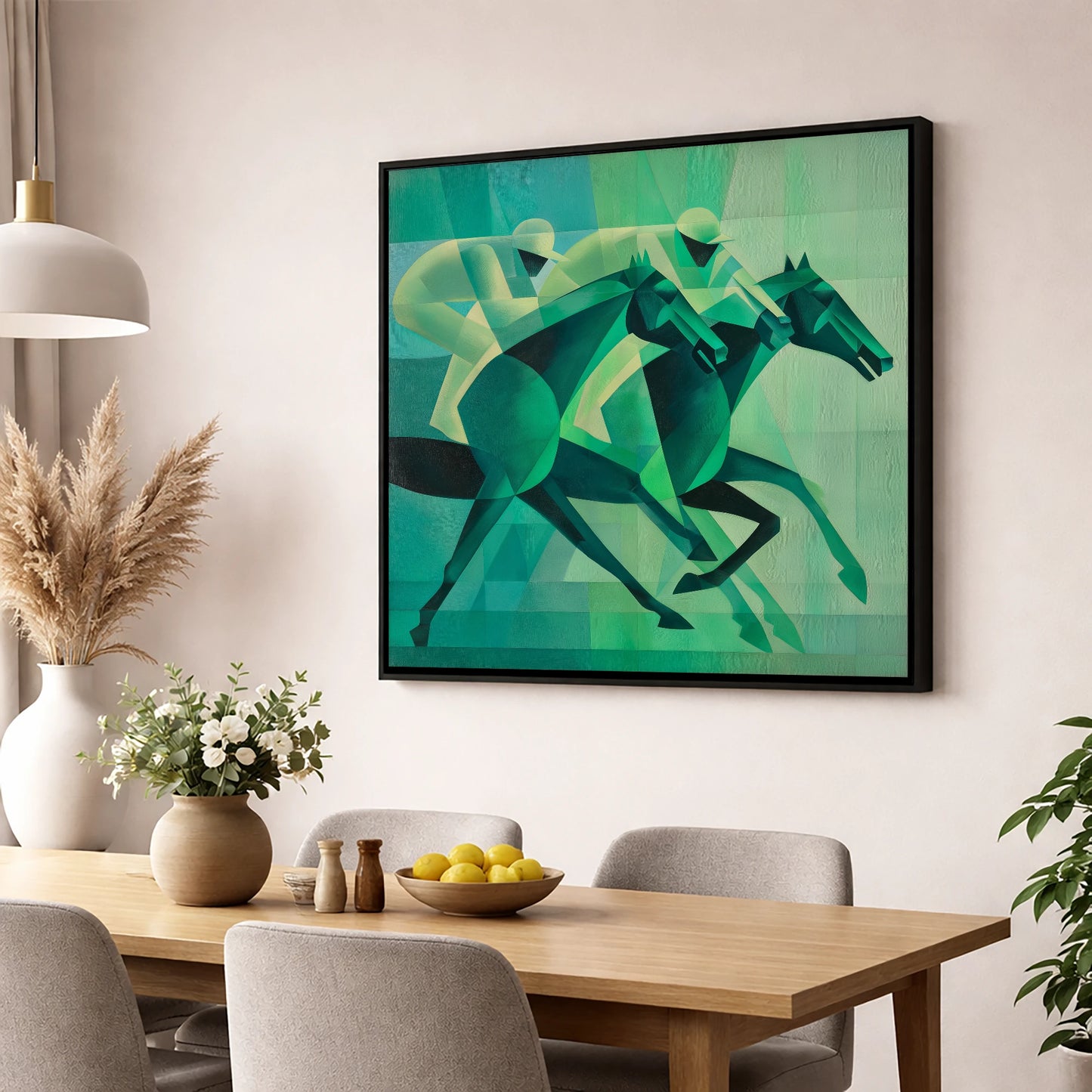 Emerald Racing Pace racing horse wall art displayed in a dining room