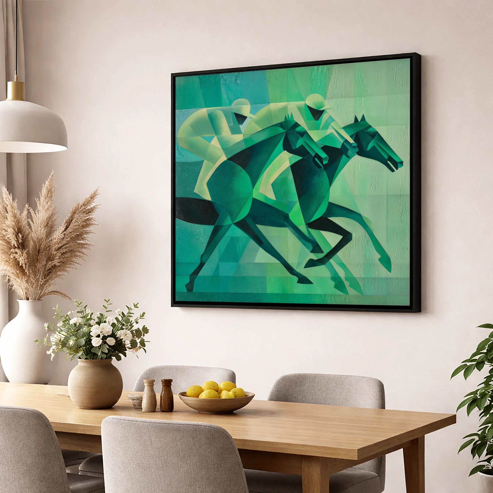 Emerald Racing Pace racing horse wall art displayed in a dining room