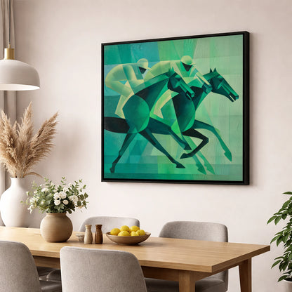 Emerald Racing Pace racing horse wall art displayed in a dining room