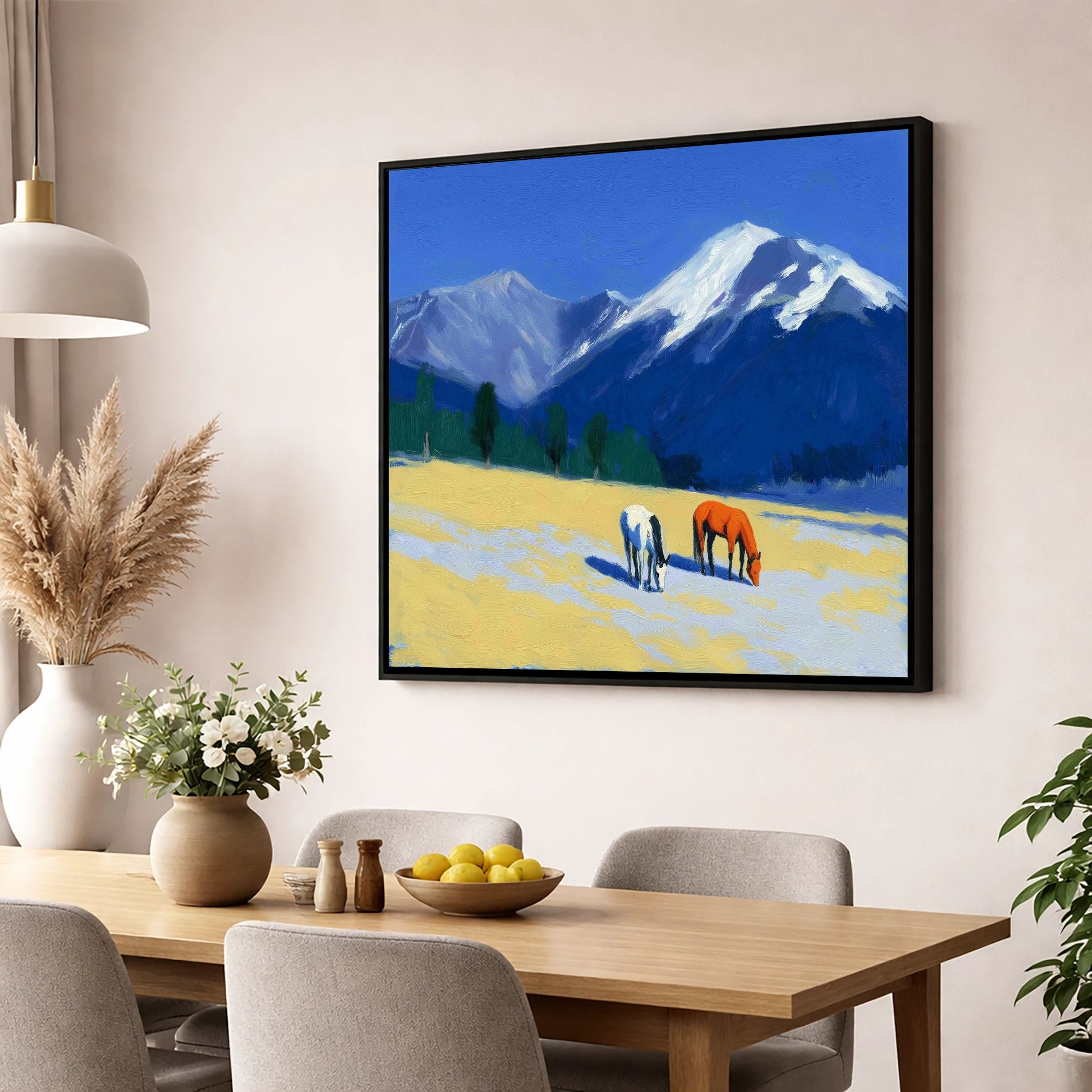 Azure Peaks and Golden Grazing horse landscape wall art displayed in a dining room