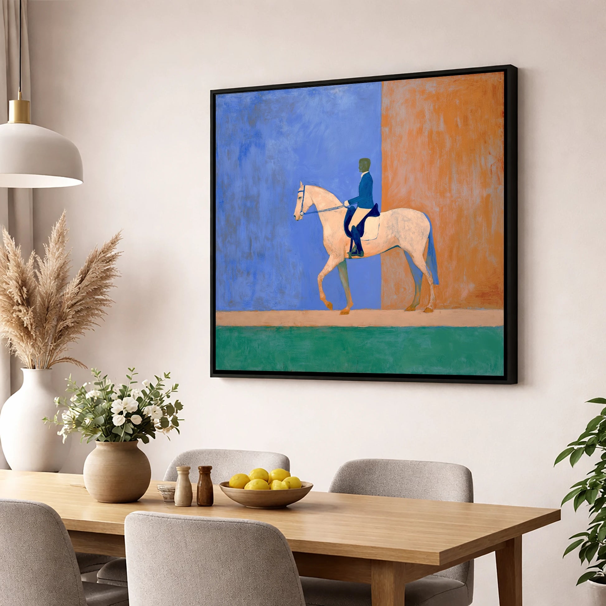 Contemporary Dressage Silhouette dressage horse wall art displayed in a dining room