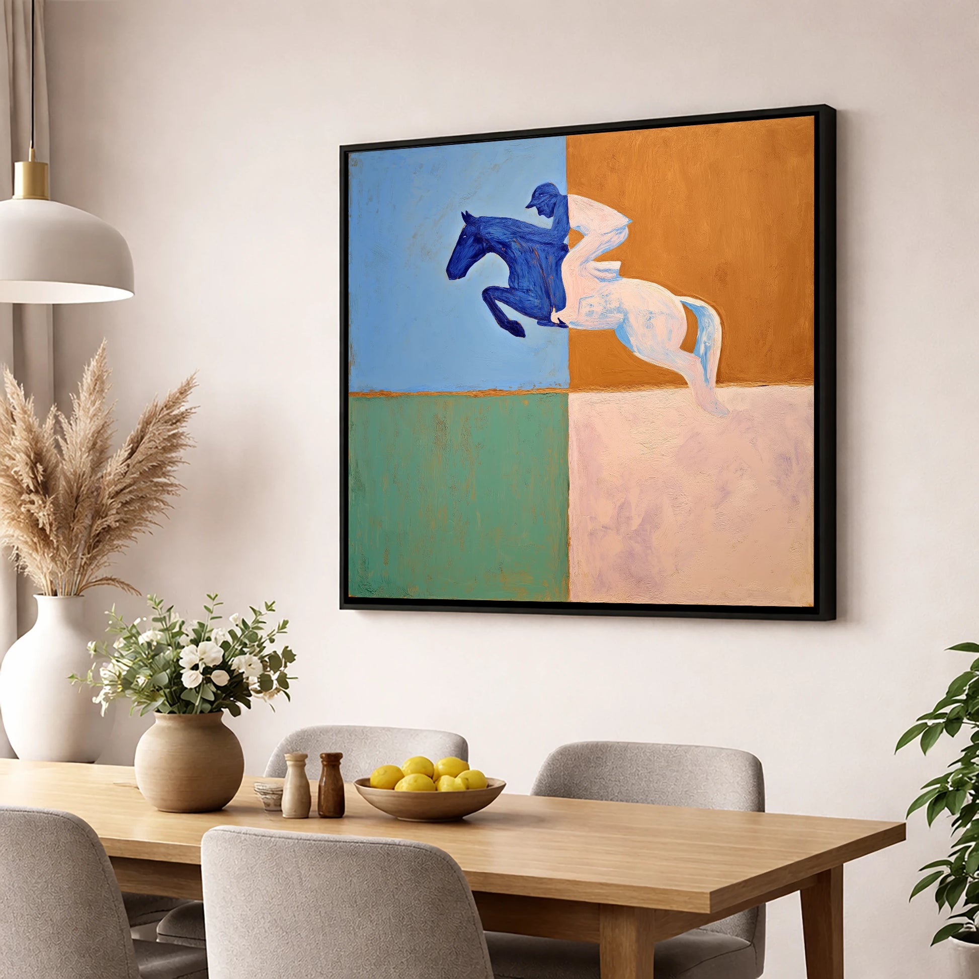 The Abstract Leap show jumping horse wall art displayed in a dining room