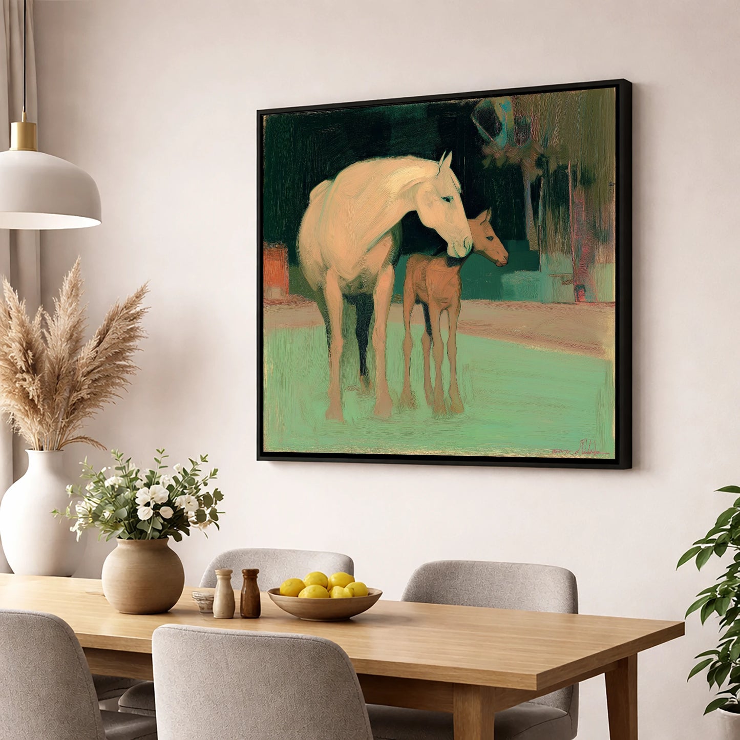 A Quiet Connection mare & foal wall art displayed in a dining room