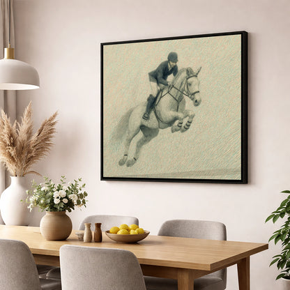 Precision in Flight show jumping horse wall art displayed in a dining room