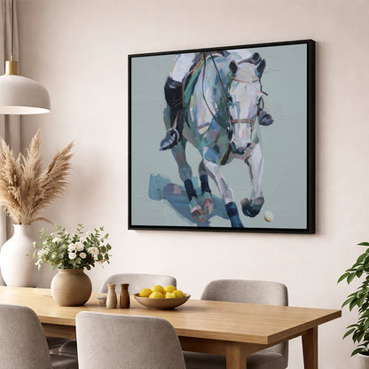 Pastel Polo Charge polo horse wall art displayed in a dining room