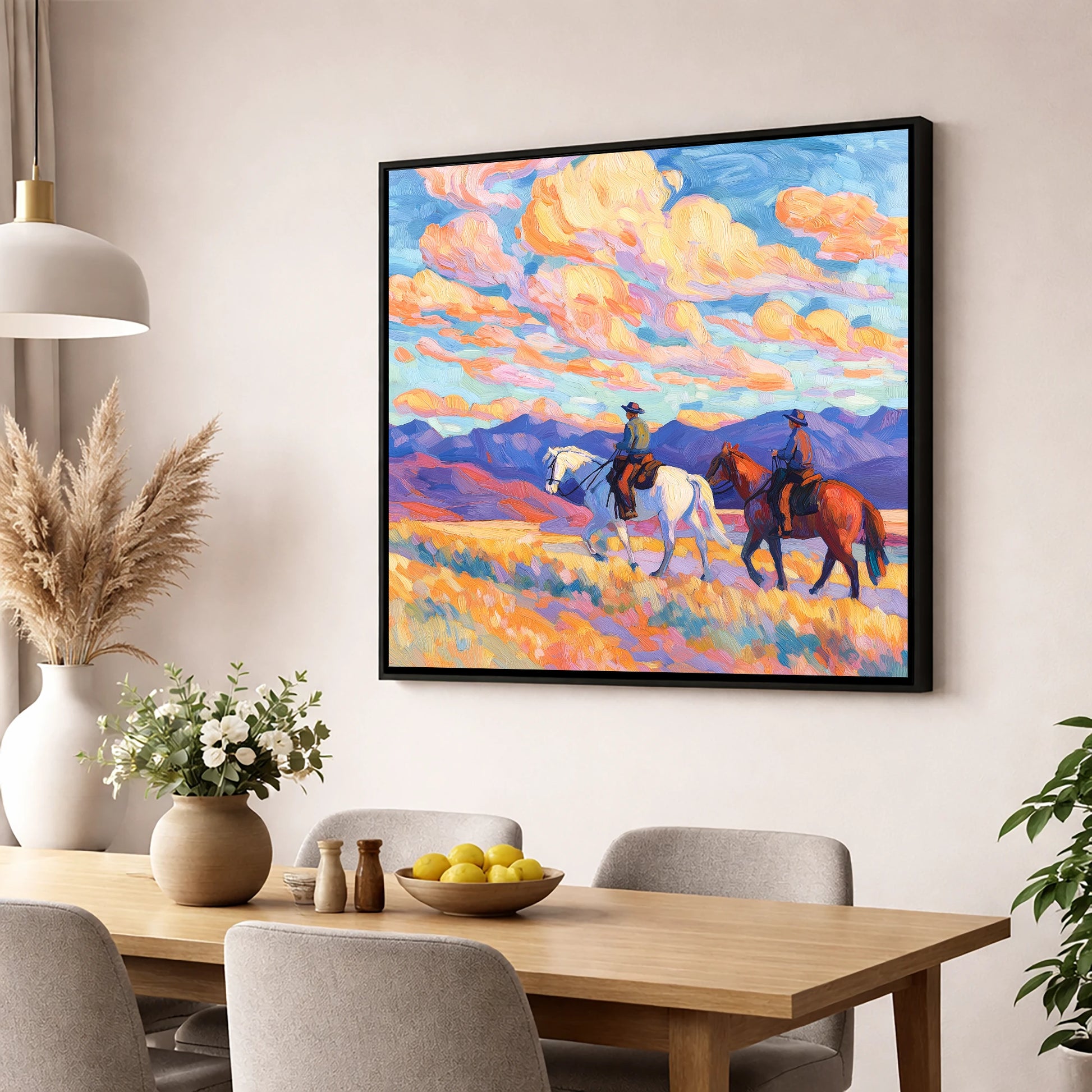 Painted Horizon Riders horse landscape wall art displayed in a dining room