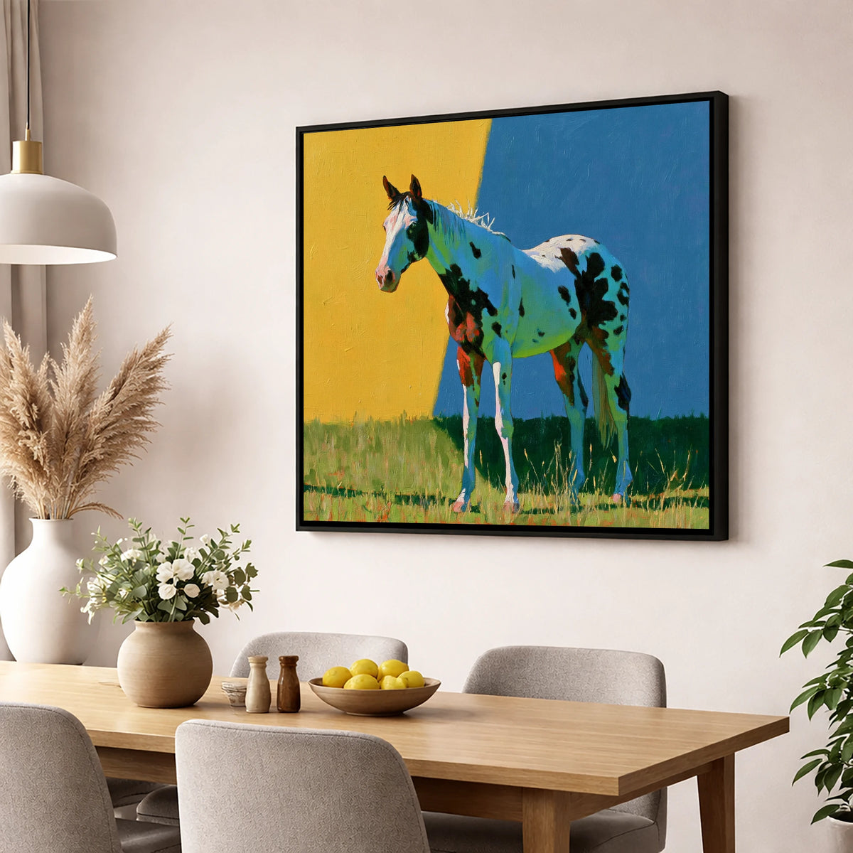 Spotted Horse in Vibrant Colours horse breed wall art displayed in a dining room