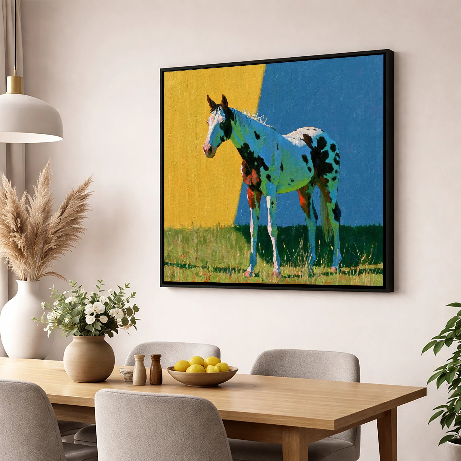 Spotted Horse in Vibrant Colours horse breed wall art displayed in a dining room