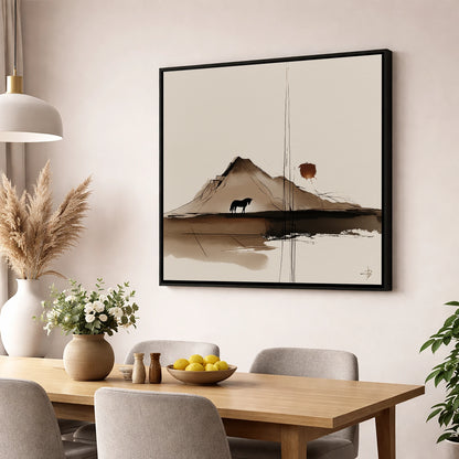 Quiet Mountain Silhouette horse landscape wall art displayed in a dining room
