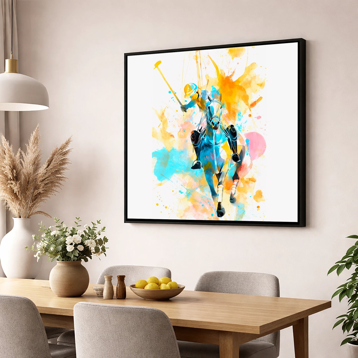The Decisive Strike polo horse wall art displayed in a dining room