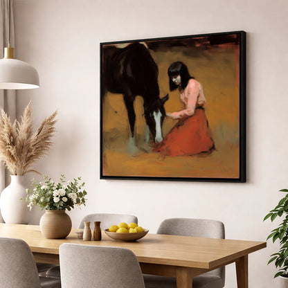Quiet Communion horse & rider wall art displayed in a dining room