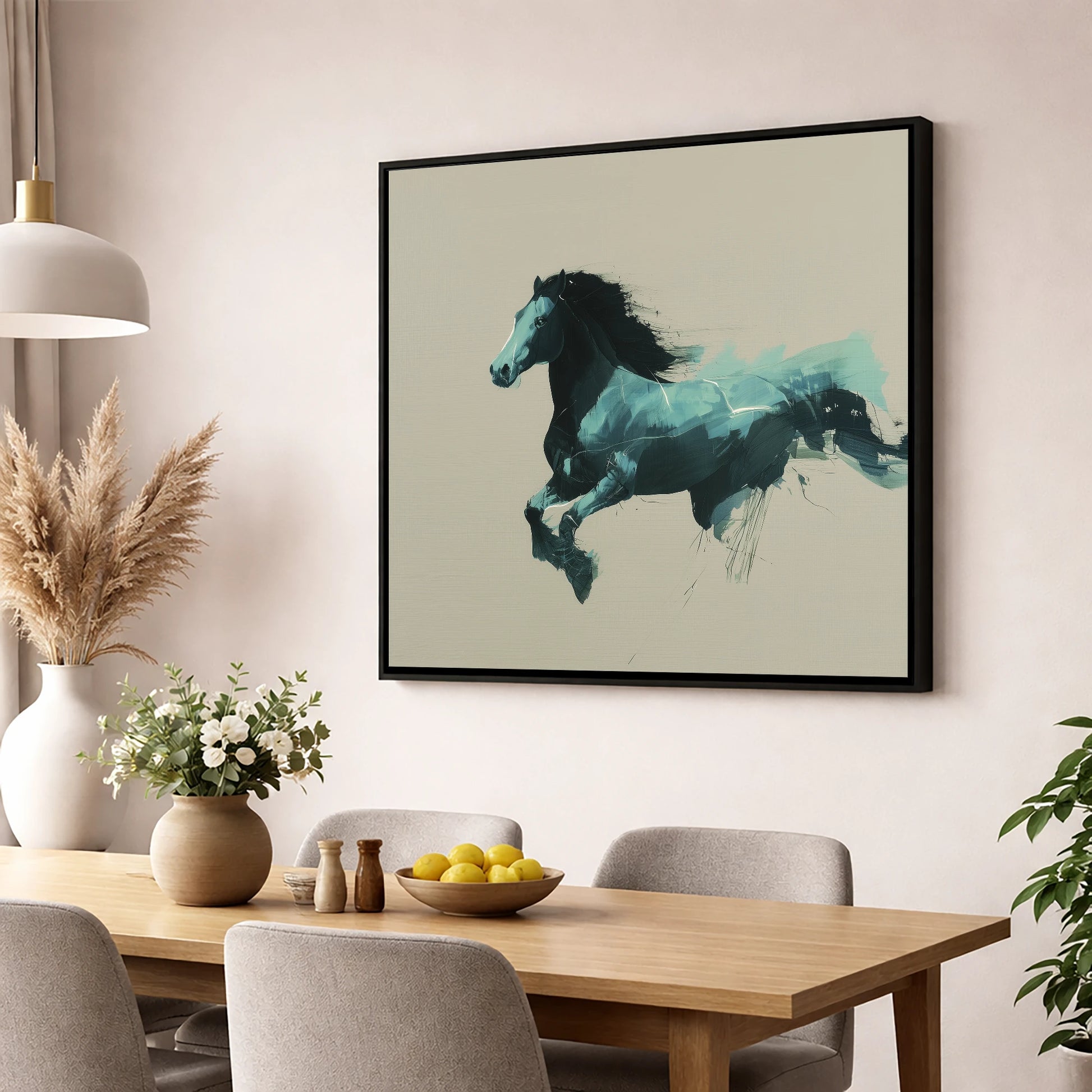 Dynamic Teal Bound horse breed wall art displayed in a dining room
