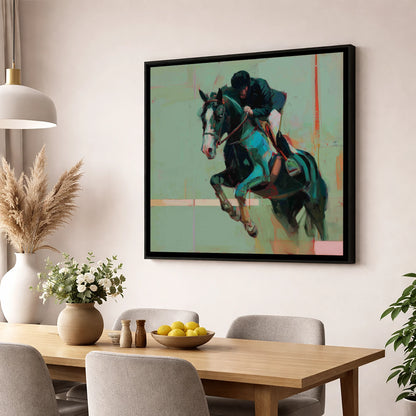 Airborne in Teal show jumping horse wall art displayed in a dining room