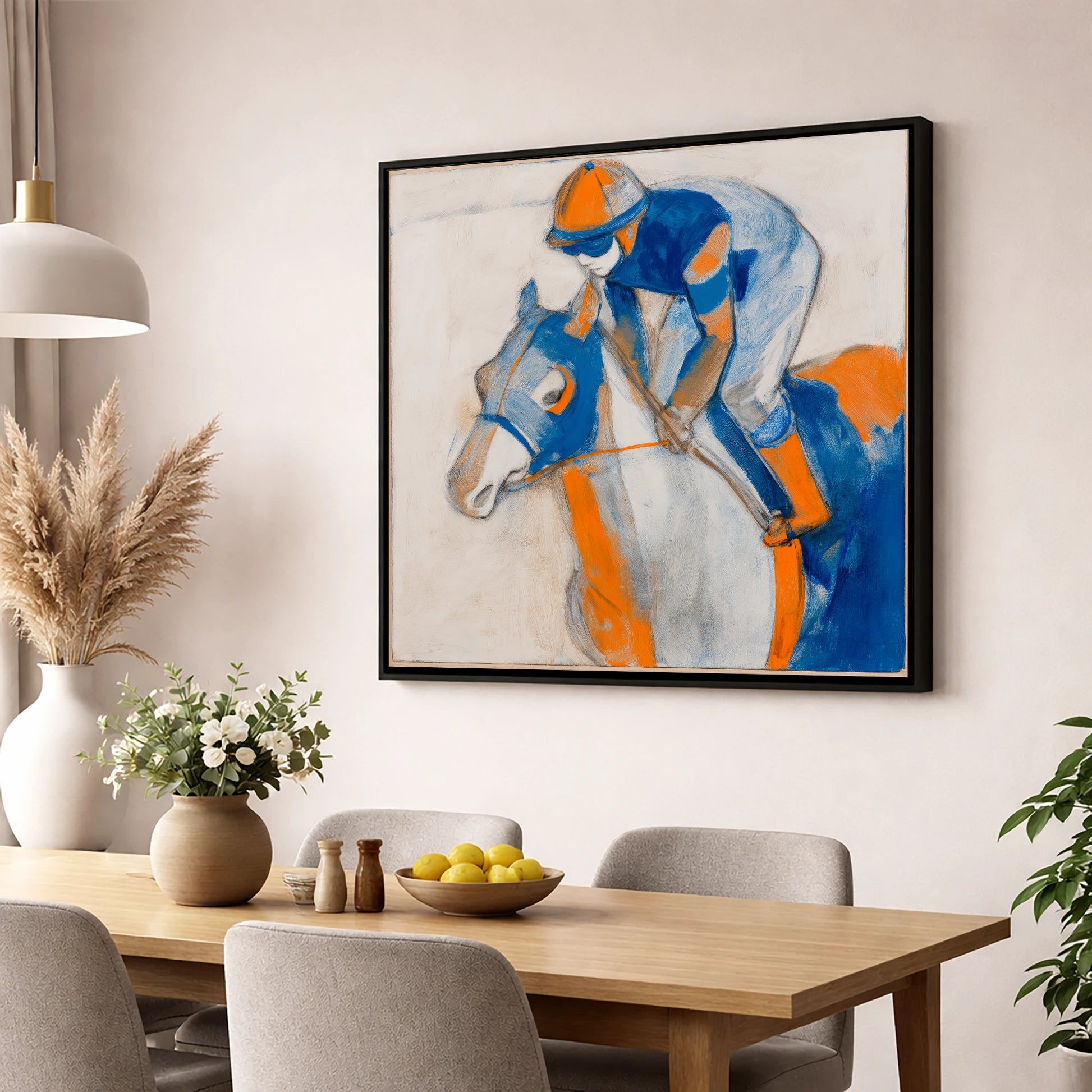 Bold Racing Silks racing horse wall art displayed in a dining room