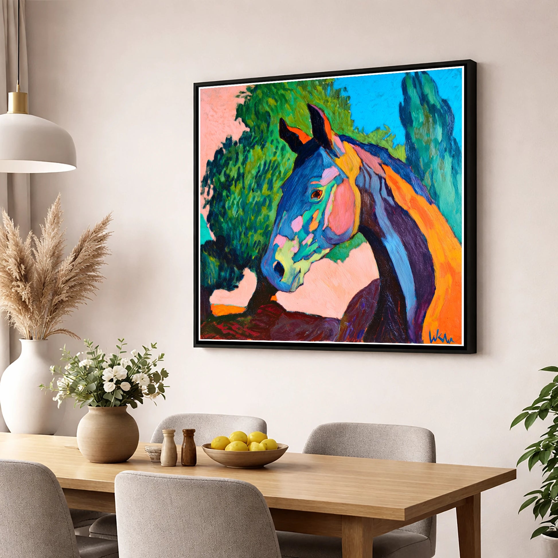 Vibrant Equine Expression horse portrait wall art displayed in a dining room