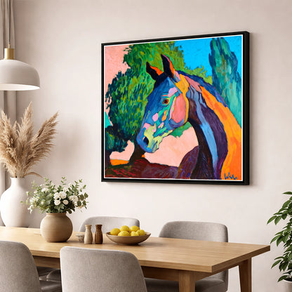 Vibrant Equine Expression horse portrait wall art displayed in a dining room