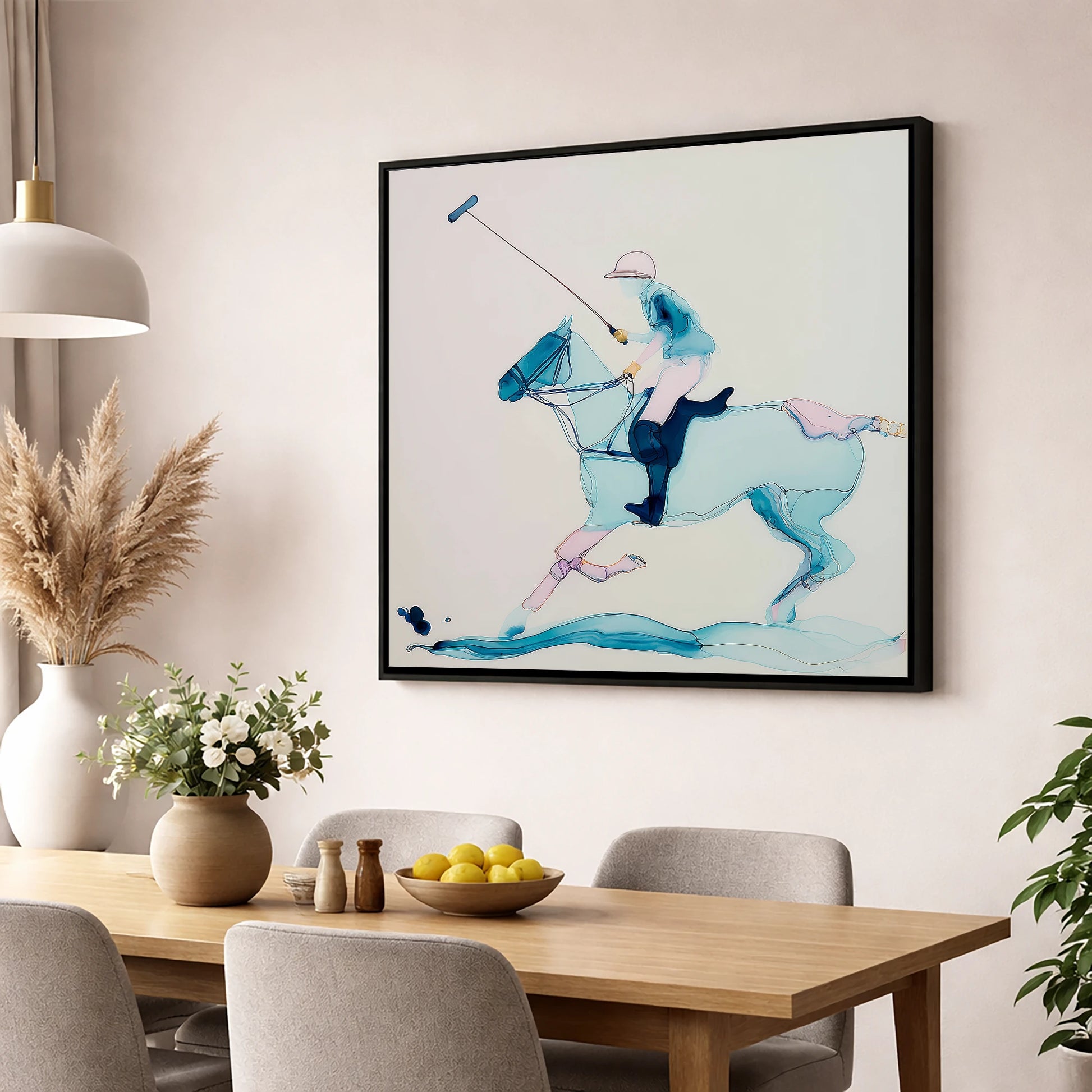 Ethereal Polo Strike polo horse wall art displayed in a dining room