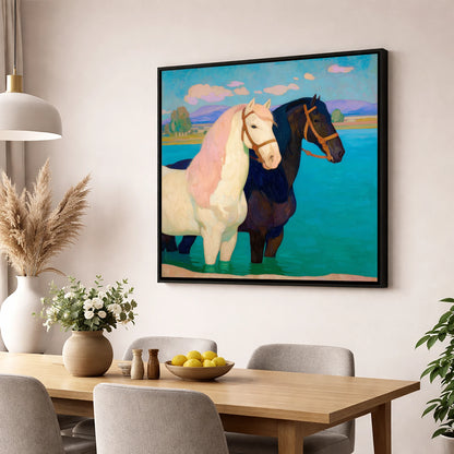 Cooling in the Shallows horse landscape wall art displayed in a dining room