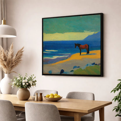 Azure Shoreline Stillness horse landscape wall art displayed in a dining room