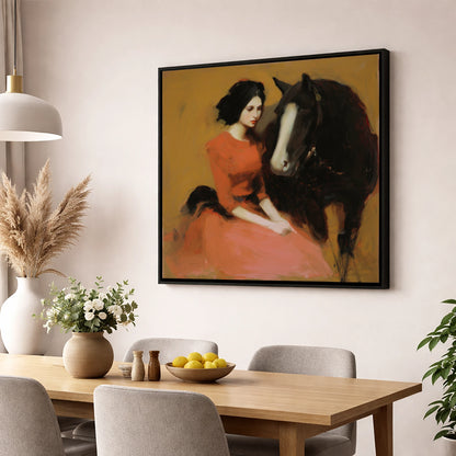 The Silent Bond horse & rider wall art displayed in a dining room