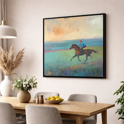 Early Morning Gallop racing horse wall art displayed in a dining room
