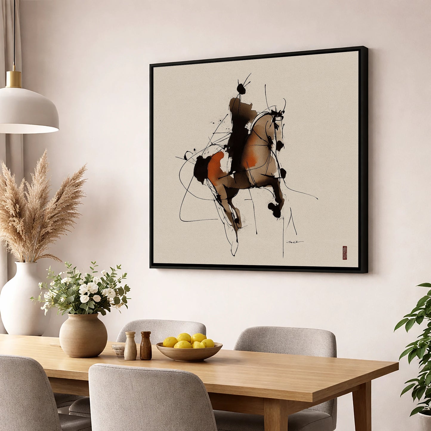 Abstract Dressage Silhouette dressage horse wall art displayed in a dining room