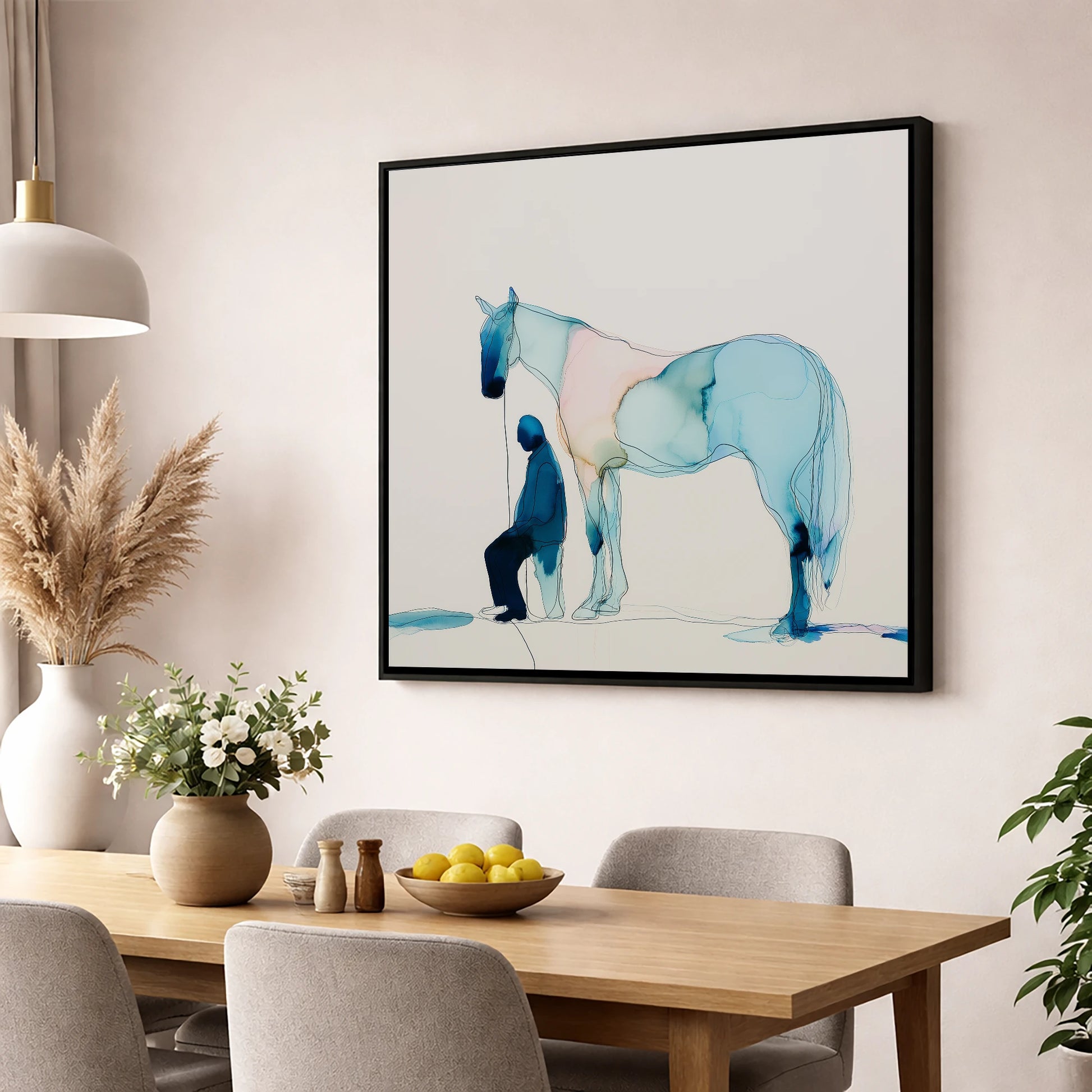 Fluid Companionship horse & rider wall art displayed in a dining room